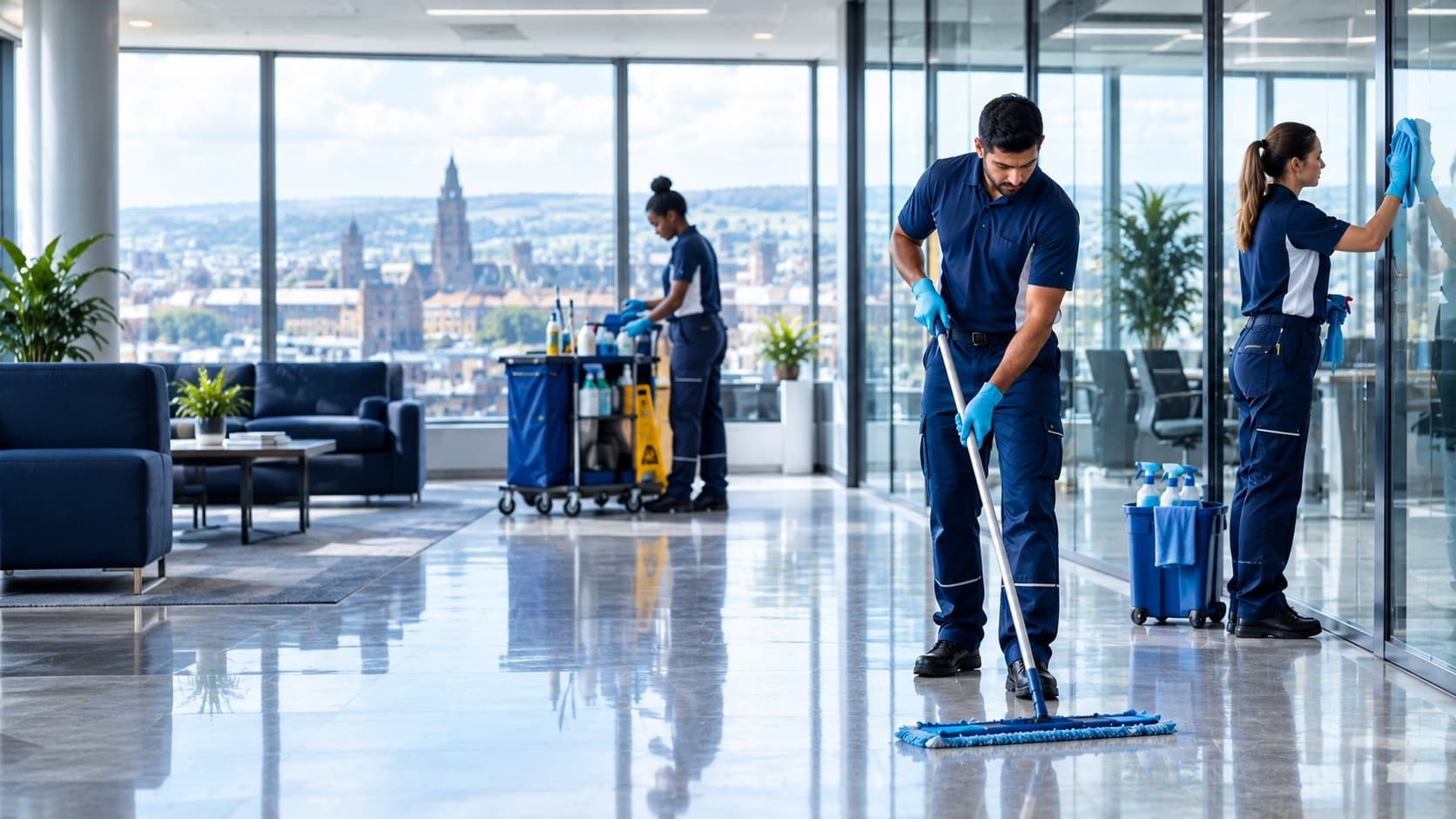 Professional Sauda and Sons cleaning team at work in a modern commercial office